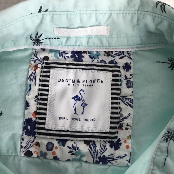 Denim & Flower Mens L Short Sleeve Button Down Shirt Baby Blue Palm Tree Print - Picture 11 of 13